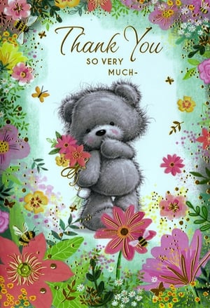 Express heartfelt gratitude with this adorable 'Thank You' card from Simon Elvin. Featuring a charming grey teddy bear lovingly holding a bouquet of flowers, this design is sure to bring a smile. The elegant 'Thank You SO VERY MUCH-' message is beautifully highlighted in gold script, complemented by a vibrant border of colourful blooms, busy bees, and delicate butterflies. Intricate gold foil detailing adds a touch of luxury, making this card feel truly special. Perfect for customers seeking a sweet and sincere way to show appreciation, this delightful card is suitable for any occasion. Available in a convenient pack size of 1x6.