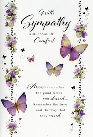 Offer a gentle message of comfort with our beautiful Sympathy card, from trusted supplier Simon Elvin. This thoughtful design features elegant purple and lilac butterflies fluttering amongst delicate floral borders, creating a serene and comforting aesthetic. The card conveys a heartfelt message: "Always remember the good times you shared... Remember the love and the way that they cared." Perfect for offering solace during difficult times, these cards are designed to provide a warm embrace. Available in a convenient pack of 6 (1x6), you'll always be prepared to share a message of support. A truly touching way to express your condolences.