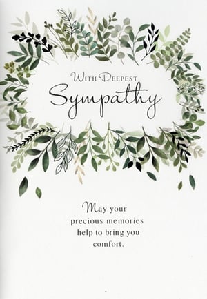 Offer heartfelt condolences with this beautifully designed Sympathy card from Simon Elvin. Featuring a serene watercolour wreath of lush green foliage, this card provides a gentle and respectful way to express support during difficult times.
The elegant script on the front reads 'With Deepest Sympathy', complemented by the comforting message inside: 'May your precious memories help to bring you comfort.' This tasteful card is perfect for conveying genuine warmth and care. Supplied in a convenient pack of 6, it's an essential addition to your greeting card selection, ensuring you can always provide customers with a thoughtful option when they need it most.