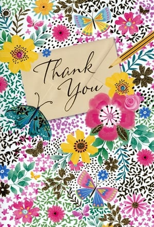 Express your heartfelt gratitude with these charming 'Thank You' cards from Simon Elvin. Each card boasts a wonderfully vibrant design, featuring an abundance of colourful flowers and cheerful butterflies surrounding a central envelope with a beautifully scripted 'Thank You' message. Perfect for any occasion, these cards offer a delightful way for your customers to show their appreciation. Supplied in a convenient pack of 6, they are ideal for stocking up and ensuring you always have a thoughtful option on hand. Add a touch of joy to every thank you with this lovely design.