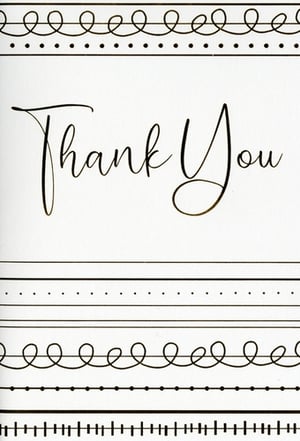 Express your gratitude with our elegant 'Thank You' cards, brought to you by Simon Elvin. Perfect for any occasion, these beautifully designed cards feature a stylish script font that conveys heartfelt appreciation. The classic black and white design is enhanced with charming decorative borders, adding a touch of sophistication without being overly ornate.
Each card offers a clean, versatile canvas for your personal message, making them suitable for a wide range of uses. Whether you're a business thanking customers or simply stocking up for personal use, this convenient pack of six ensures you're always ready to say thank you in style. Stock up today and make every thank you memorable.