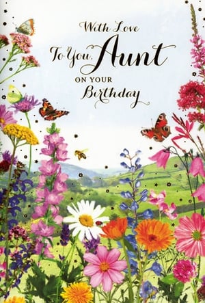 Offer your customers a truly special way to celebrate their Aunt's birthday with this beautiful card from Simon Elvin. The design features a stunning wildflower meadow, alive with vibrant pinks, purples, yellows, and oranges, and dotted with charming butterflies and a busy bee. Rolling green hills in the background complete this idyllic scene. The elegant script conveys a warm message: 'With Love To You Aunt ON YOUR Birthday'. This cheerful and natural design is perfect for expressing heartfelt wishes. Supplied in a convenient pack of 6, it's an ideal addition to your greeting card selection.