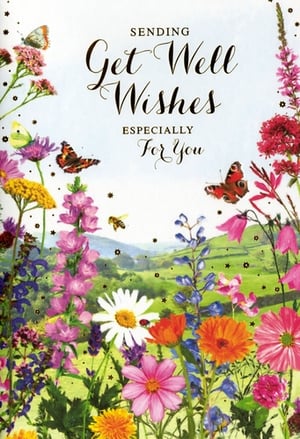 Offer a touch of warmth and cheer with our charming Get Well Female card from Simon Elvin. This delightful design features a vibrant meadow scene, overflowing with an array of colourful wildflowers, including cheerful daisies, bright poppies, and elegant bluebells. Graceful butterflies flit amongst the blooms, while a busy bee and a tiny ladybug add sweet details, all set against a picturesque backdrop of rolling green hills. The elegant script conveys the heartfelt message: "Sending Get Well Wishes Especially For You," making it the perfect way to send comfort and hope. Each card is crafted to bring a smile and a sense of peace to those recovering. Stock up with this lovely design, available in a convenient pack of 6.