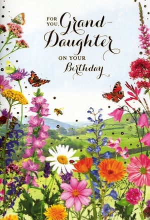 Celebrate a special granddaughter's birthday with this enchanting greeting card from Simon Elvin. Featuring a truly delightful design, the card showcases a vibrant wildflower meadow bursting with colourful blooms, delicate butterflies, and a busy bee, all set against a picturesque rolling landscape. The elegant script reads "FOR YOU, Grand-Daughter ON YOUR Birthday," making it the perfect choice for expressing warm wishes.

This beautiful card offers a charming and heartfelt way to mark her special day. Stock up on this popular design, supplied in a convenient pack of 6, ensuring your customers can find the ideal card to make their granddaughter feel cherished.