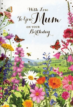 Help your customers celebrate Mum's special day with this enchanting birthday card from Simon Elvin. Featuring a breathtaking wildflower meadow, this card is bursting with vibrant colours and delicate details. Butterflies flutter among the blooms, a busy bee buzzes, and a tiny ladybug adds a charming touch, all set against a serene backdrop of rolling green hills. The heartfelt message, "With Love To You Mum ON YOUR Birthday," is elegantly scripted, making it the perfect way to show appreciation. Each card is finished with subtle sparkle, adding a touch of magic. Supplied in a convenient pack size of 1x6, this beautiful design is sure to be a popular choice for your customers seeking that ideal card for Mum.