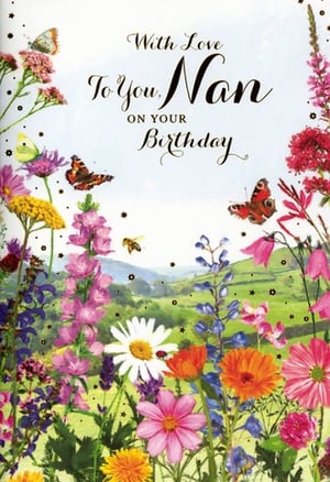 Celebrate Nan's special day with this enchanting birthday card from Simon Elvin. Featuring a breathtaking display of vibrant wildflowers, delicate butterflies, a busy bee, and a charming ladybird, this card captures the beauty of nature in full bloom. The serene countryside backdrop adds to its picturesque appeal.

The elegant script on the front reads, 'With Love To You, Nan ON YOUR Birthday,' conveying a warm and heartfelt message. This beautifully designed card is perfect for showing your appreciation and bringing joy to any Nan. Stock up with our convenient pack of 6, ensuring you have these delightful cards ready for your customers.