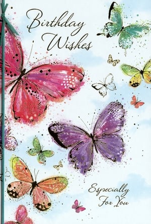 Brighten her birthday with this lovely 'Open Birthday Female' card. The design features a beautiful collection of watercolour butterflies, painted in a spectrum of cheerful colours including pink, purple, green, and orange. Many butterflies are highlighted with subtle glitter details, adding a touch of sparkle against the soft, sky-blue background.
With the warm messages 'Birthday Wishes' and 'Especially For You' elegantly scripted, this card is ideal for sending heartfelt greetings to any special woman. Supplied in a convenient pack of 6, it's a wonderful choice for your card selection, ensuring you're always stocked with a charming option.