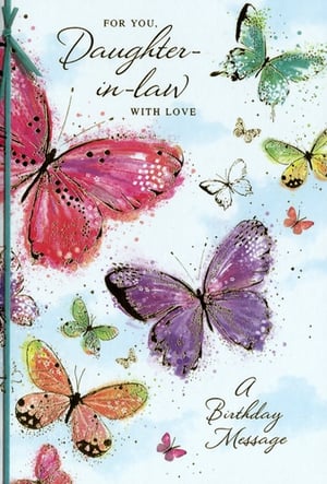 Delight your customers with this beautiful Daughter-in-law birthday card from Simon Elvin. Featuring a stunning array of colourful butterflies, each delicately illustrated with a watercolour effect, this card radiates warmth and joy. Shades of pink, purple, green, and orange butterflies flutter across a soft blue background, creating a truly enchanting design. The loving message, 'FOR YOU, Daughter-in-law WITH LOVE', makes it a perfect choice to celebrate a cherished family member. This thoughtful card is designed to convey heartfelt birthday wishes. Supplied in a convenient wholesale pack of 6, it's an ideal addition to your greeting card selection.