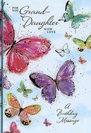 Delight your customers with this enchanting Granddaughter birthday card from Simon Elvin. Adorned with a vibrant flurry of watercolour butterflies in shades of pink, purple, green, and yellow, this card truly captures a sense of joy and celebration. Each butterfly features delicate glitter accents, adding a touch of sparkle, while a charming teal ribbon detail completes the elegant design. The heartfelt message 'FOR YOU, Grand-Daughter WITH LOVE' makes it the perfect choice for a special birthday. Available in a convenient pack of 6, these beautiful cards are sure to be a popular pick for anyone celebrating their beloved granddaughter.