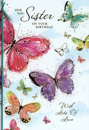 Help your customers celebrate their sister's birthday with this beautiful card from Simon Elvin. This 'Sister' birthday card features a vibrant design, showcasing a delightful collection of colourful butterflies. Painted in soft watercolours with sparkling glitter details, the butterflies flutter across the card in shades of pink, purple, orange, and green, creating a truly eye-catching display. The heartfelt message, "For You, Sister On Your Birthday, With Lots Of Love," makes it a perfect choice for expressing affection. Available in a convenient pack of 6, this popular design is a wonderful addition to any greeting card selection.