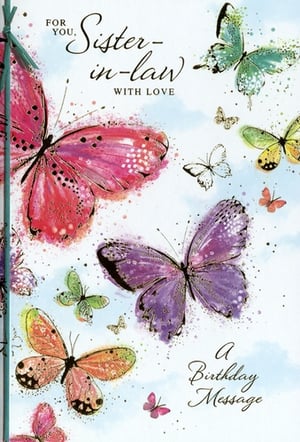 Celebrate your wonderful Sister-in-law's birthday with this enchanting greeting card from Simon Elvin. Featuring a delightful array of watercolour butterflies in vibrant shades of pink, purple, green, and yellow, this card is a true visual treat. The artistic design, complete with delicate splatters and a soft blue sky background, creates a feeling of joy and warmth. With the loving message 'FOR YOU, Sister-in-law WITH LOVE' and space for 'A Birthday Message', it's the perfect way to show you care. This beautiful card is available in a convenient pack of 6, ensuring you're always prepared for that special occasion.