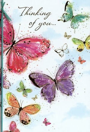 Send a truly heartfelt message with our beautiful 'Thinking Of You' card, from trusted supplier Simon Elvin. This enchanting design features a vibrant flurry of watercolour butterflies, rendered in stunning shades of pink, purple, green, and orange, against a soft, dreamy blue sky. Each butterfly boasts delicate details and a charming splatter effect, creating a wonderfully artistic and warm feel. Perfect for letting someone know they're in your thoughts, this card is sure to bring comfort and a smile. Available in a convenient pack of 6, it's an ideal addition to your greeting card selection.