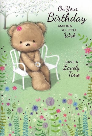Bring a touch of sweetness to any birthday celebration with this adorable 'Open Birthday Female' card. Featuring a charming brown teddy bear, complete with a delicate pink flower in its ear, sitting peacefully on a white garden bench and holding a tiny daisy, this card exudes warmth and joy. The lush green background is adorned with a scattering of colourful wildflowers and gentle trees, creating a serene and inviting scene. The heartfelt message, 'On Your Birthday MAKING A LITTLE Wish HAVE A Lovely Time', makes it perfect for sending warm wishes. Supplied by Simon Elvin, these delightful cards come in a convenient pack of 6, ready to brighten someone's special day.