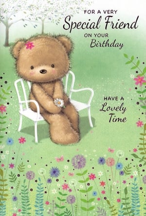 Delight your customers with this adorable 'Friend Female' birthday card from Simon Elvin. Featuring a charming teddy bear sitting in a beautiful wildflower garden, this card is perfect for celebrating a very special friend. The sweet illustration, complete with a daisy-holding bear and a delicate pink flower, conveys warmth and affection.

With the heartfelt message "FOR A VERY Special Friend ON YOUR Birthday, HAVE A Lovely Time", it's sure to bring a smile. Stock up with our convenient 1x6 pack size and offer your customers a truly lovely card for those cherished friendships.
