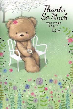 Offer your customers a truly sweet way to say thank you with this charming card from Simon Elvin. Featuring an adorable, fluffy teddy bear, complete with a little flower in its hair, sitting peacefully on a white garden chair. The bear gently holds a daisy, surrounded by a delightful meadow of colourful wildflowers and soft greenery. The heartfelt message, "Thanks So Much, YOU WERE REALLY Kind," makes this card ideal for expressing appreciation for any thoughtful gesture. It's a lovely choice for those wanting to convey gratitude with warmth and charm. Available in a convenient pack of 6, it's a wonderful addition to your card range.