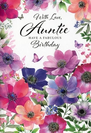 Make your Auntie's birthday extra special with this delightful greeting card from Simon Elvin. Featuring a stunning array of vibrant, watercolour-style flowers in shades of pink, purple, blue, and orange, this card is beautifully adorned with delicate butterflies, adding a touch of charm. The heartfelt message, "With Love, Auntie, HAVE A FABULOUS Birthday," is elegantly scripted, conveying warm wishes. Perfect for showing appreciation to a beloved aunt, this card offers a truly lovely design that stands out. Available in a convenient wholesale pack of 6 (1x6), it's an ideal addition to any greeting card selection, ensuring you're stocked with thoughtful options for your customers.