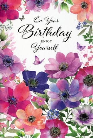 Brighten any birthday with this stunning 'Open Birthday Female' card from Simon Elvin. Featuring a vibrant watercolour design, this card showcases a beautiful array of colourful anemones, delicate butterflies, and lush foliage. The cheerful message, 'On Your Birthday ENJOY Yourself', makes it the perfect choice for celebrating any special woman in your customers' lives. Its eye-catching artistry and warm sentiment are sure to make it a popular pick. Available in a convenient pack of 6, these cards are an essential addition to your greeting card display, offering quality and charm that customers will adore.