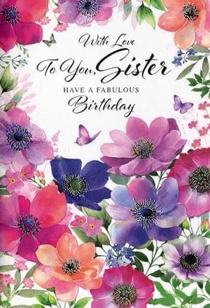 Offer your customers a truly lovely way to celebrate with this beautiful 'Sister' birthday card from Simon Elvin. Adorned with a vibrant watercolour illustration of colourful anemones and delicate butterflies, this card features a heartfelt message: "With Love To You, Sister HAVE A FABULOUS Birthday". The cheerful floral design, in shades of pink, purple, blue, and orange, creates a warm and inviting feel. Perfect for any sister, this charming card is available in a convenient wholesale pack of 6, ready to brighten your card display.