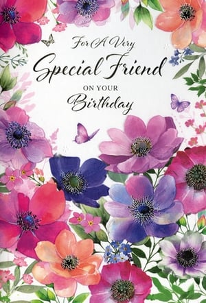 Celebrate cherished friendships with this beautiful birthday card, perfect for a very special female friend. This exquisite design features a stunning watercolour illustration, bursting with vibrant anemones, delicate forget-me-nots, and graceful butterflies in a delightful array of pinks, purples, blues, and oranges.

The elegant floral artwork and heartfelt message "For A Very Special Friend ON YOUR Birthday" make it an ideal choice for expressing warm birthday wishes. This card is sure to stand out on any display, appealing to customers looking for something truly lovely and memorable.

Supplied by Simon Elvin, each pack contains 6 cards (Product Name: Friend Female, Pack Size: 1x6), ensuring you're well-stocked with this popular and charming design.