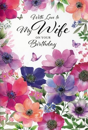 Celebrate her special day with this exquisite 'Wife' birthday card from Simon Elvin. Featuring a stunning array of watercolour-style flowers, including vibrant anemones in shades of pink, purple, and orange, this card is a beautiful expression of love. Delicate butterflies flutter amongst the lush green foliage, adding a touch of elegance and charm.

The heartfelt message, 'With Love to My Wife ON YOUR Birthday', is presented in a graceful script, perfectly complementing the artistic floral design. This card is ideal for retailers looking to offer their customers a truly beautiful and meaningful way to wish their wife a happy birthday. Available in a convenient pack size of 1x6, ensuring you're well-stocked with this popular design.