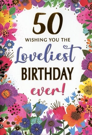 Mark a truly special 50th birthday with this delightful card from Simon Elvin. Adorned with a vibrant burst of colourful flowers, this design is perfect for celebrating a wonderful woman. The elegant "50" takes centre stage, beautifully complemented by the warm wish: "WISHING YOU THE Loveliest BIRTHDAY ever!". With its cheerful floral border and heartfelt message, this card is sure to make her feel cherished and celebrated on her milestone day. It's the perfect way to send your warmest wishes and make her 50th birthday unforgettable.