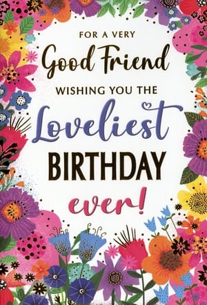 Brighten someone's special day with this delightful 'Friend Female' birthday card from Simon Elvin. Featuring a vibrant, eye-catching floral border in a kaleidoscope of colours, this card is sure to stand out. The heartfelt message, "FOR A VERY Good Friend WISHING YOU THE Loveliest BIRTHDAY ever!", is beautifully presented with a mix of elegant script and bold lettering, making it a truly warm wish. Perfect for celebrating a cherished friend, this card is a wonderful addition to any greeting card display. Supplied in a convenient pack of 6 (1x6), it's an ideal choice for retailers looking to offer a popular and attractive option for female friends' birthdays.