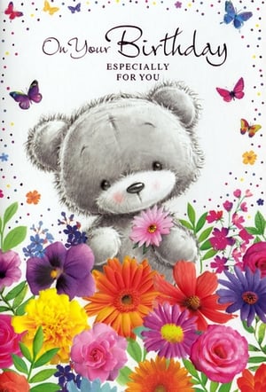 Brighten someone's special day with this charming 'Open Birthday Female' card from Simon Elvin. Featuring an irresistibly cute grey teddy bear, gently holding a delicate pink flower, this design is bursting with warmth and cheer. A vibrant array of colourful blooms, including cheerful gerberas and elegant roses, frames the scene, while whimsical butterflies flutter around. The heartfelt message, 'On Your Birthday ESPECIALLY FOR YOU', makes it a perfect choice for any female recipient. Stock up with this delightful design, available in a convenient pack of 6, ensuring you have a lovely option for every customer.