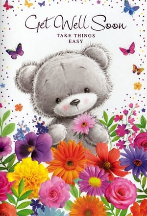 Brighten someone's day with this adorable Get Well Soon card, perfect for sending comforting wishes. Featuring a charming grey teddy bear gently holding a pink flower, this card is surrounded by a vibrant burst of colourful blooms and delicate butterflies, creating a truly uplifting scene. The elegant "Get Well Soon" message, paired with "TAKE THINGS EASY," offers a thoughtful sentiment to help someone on their road to recovery. Designed with a female recipient in mind, this delightful card from Simon Elvin is sure to bring a smile. Stock up with this essential design, available in a convenient pack of 6.