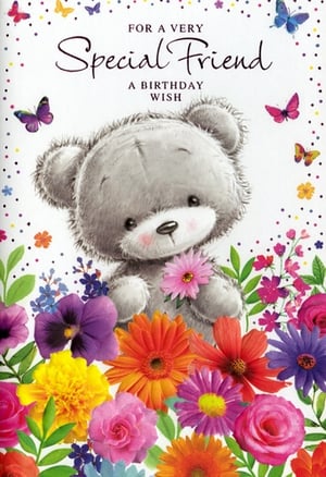 Make a special friend's birthday unforgettable with this charming card from Simon Elvin. This delightful 'Friend Female' birthday card features an adorable grey teddy bear, gently holding a delicate pink flower, set against a backdrop of vibrant, colourful blooms. From cheerful gerberas and pretty pansies to lovely roses, the floral display is complemented by whimsical butterflies and scattered confetti dots, creating a truly joyful scene. The sweet message 'FOR A VERY Special Friend A BIRTHDAY WISH' conveys warmth and affection. Perfect for your customers to send heartfelt greetings, these beautiful cards come in a convenient pack of 6, ready for your retail shelves. A wonderful choice for celebrating those cherished friendships.