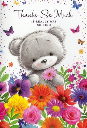 Send a heartfelt thank you with this delightful card from Simon Elvin. The design features a sweet grey teddy bear, gently holding a pink flower, surrounded by a colourful array of blooms and butterflies. Above, the message "Thanks So Much IT REALLY WAS SO KIND" conveys genuine appreciation. With its warm imagery and bright, floral border, this card offers a lovely way to express gratitude. Perfect for many occasions, these Thank You cards are supplied in a convenient pack of 6.