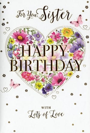 Celebrate your sister's special day with this absolutely charming birthday card from Simon Elvin. Designed with love, it features a stunning heart-shaped arrangement of vibrant, colourful flowers, beautifully accented with delicate butterflies and shimmering gold details. The heartfelt message, 'For You, Sister, Happy Birthday With Lots of Love,' is elegantly presented, making it the perfect way to convey your warmest wishes. This card offers a truly beautiful design that stands out. Available in a convenient pack of 6, these delightful cards are a wonderful addition to any greeting card selection, ready to bring joy to every sister.