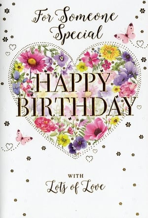 Someone Special Female Birthday Card
Celebrate a special birthday with this exquisite 'Someone Special Female' card from Simon Elvin. This beautiful design features a vibrant heart-shaped floral arrangement, bursting with an array of colourful blooms in shades of pink, purple, and yellow.
Elegant gold foil lettering proudly displays "For Someone Special" and "Happy Birthday," adding a touch of luxury. Delicate butterflies and scattered hearts complete the charming look, making it perfect for conveying heartfelt wishes. This lovely card is sure to delight any recipient. Available in a convenient 1x6 pack.