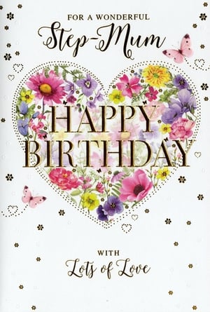 Celebrate the wonderful Step Mums in your customers' lives with this beautiful birthday card from Simon Elvin. Featuring a vibrant floral heart design, this card instantly catches the eye with its array of colourful blooms. The elegant gold 'HAPPY BIRTHDAY' message takes centre stage, surrounded by delicate butterflies and charming scattered hearts, adding a touch of sparkle. Below, the heartfelt sentiment 'WITH Lots of Love' completes this warm and thoughtful design. Perfect for showing appreciation, this card is sure to bring a smile. Stock up your greeting card selection with this popular choice, available in a convenient pack of 6.