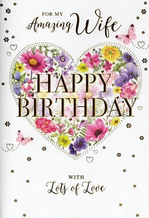 Make her birthday truly special with this gorgeous Wife Birthday Card from Simon Elvin. Adorned with a captivating heart design, bursting with an array of vibrant flowers in pinks, purples, and yellows, and delicate butterflies, this card is a beautiful expression of love. The elegant gold-foiled text reads "For My Amazing Wife" and "Happy Birthday", finished with "With Lots of Love". It's the perfect way to convey your heartfelt wishes and make her feel cherished. Supplied in a handy pack of 6, ensuring you're always prepared for that special occasion.