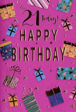 Celebrate a milestone 21st birthday with this delightful card from Simon Elvin. Perfect for a female recipient, this card boasts a vibrant fuchsia pink background. The prominent "21 Today! HAPPY BIRTHDAY" message shines in elegant gold foil lettering. The design is enhanced by a playful scattering of colourful gift boxes, featuring diverse patterns like stripes, dots, and geometric shapes, alongside charming gold stars and a delicate butterfly. This festive and eye-catching card is sure to bring a smile. Supplied in a handy pack of 6, it's ideal for your retail display.
