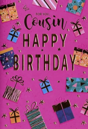 Make your female cousin's birthday truly special with this delightful card from Simon Elvin. Set against a vibrant pink background, it features shimmering gold foil lettering that proudly declares 'Cousin HAPPY BIRTHDAY'. The design is further enhanced with an array of beautifully patterned gift boxes and sparkling gold stars, creating a wonderfully festive scene. This eye-catching card is the perfect way to send warm wishes and celebrate your amazing cousin on her big day!