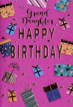Celebrate a special granddaughter's birthday with this delightful card from Simon Elvin. Featuring a vibrant pink background, it's adorned with a scattering of colourful gift boxes and sparkling gold stars, creating a truly festive feel. The message "Grand-Daughter HAPPY BIRTHDAY" stands out beautifully in elegant gold foil, with a charming script for "Grand-Daughter" and bold lettering for "HAPPY BIRTHDAY". This eye-catching design is perfect for making her day extra special. Available in a convenient pack of 6, it's an ideal addition to your greeting card selection.