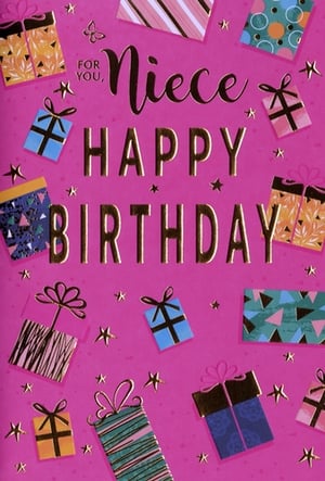 Make her day extra special with this vibrant 'For You, Niece Happy Birthday' card from Simon Elvin. Set against a cheerful pink background, this card is beautifully adorned with an array of colourful gift boxes, each featuring unique patterns and shimmering gold bows. The heartfelt message, "For You, Niece Happy Birthday," is highlighted in stunning gold foil, perfectly complemented by scattered gold stars and a delicate butterfly. It's the ideal way to send warm wishes and celebrate a beloved niece. This delightful design is sure to bring a smile to her face. Available in a convenient pack of 6, ready for your retail display.