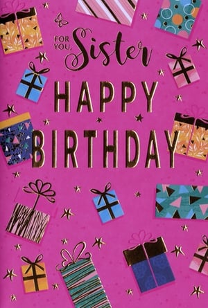 Celebrate sisters in style with this dazzling 'Happy Birthday Sister' card from Simon Elvin! Featuring a vibrant fuchsia background, this eye-catching design is adorned with an array of colourful, patterned gift boxes and shimmering golden stars, creating a truly festive feel.
The heartfelt message 'FOR YOU, Sister HAPPY BIRTHDAY' stands out beautifully in luxurious gold foil, with 'Sister' elegantly scripted and 'HAPPY BIRTHDAY' in bold, celebratory lettering. A delicate golden butterfly adds a charming touch. Perfect for making any sister feel extra special on her big day. Supplied in a convenient pack of 6, these cards are ready to bring joy to your customers.