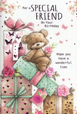 Celebrate special friendships with this delightful 'Friend Female' birthday card from Simon Elvin. Featuring an adorable teddy bear nestled amongst beautifully wrapped gifts, adorned with charming pink roses and delicate butterflies, this card is designed to bring a warm smile. The sweet pastel palette of pinks and mint greens, complemented by heart and polka dot patterns, creates a truly lovely aesthetic. Perfect for wishing a wonderful birthday to a dear friend, this card conveys heartfelt affection. Stock up with ease; each pack contains 6 cards, ready to enchant your customers.