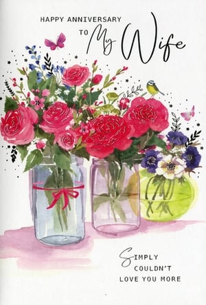 Celebrate enduring love with this beautiful Wife Wedding Anniversary card from Simon Elvin. Featuring a charming watercolour design, this card showcases an array of vibrant pink and red roses, complemented by delicate blue and purple blooms, all artfully arranged in rustic glass jars.
Adorned with whimsical butterflies and a sweet little bird, the artwork exudes warmth and affection. The heartfelt message, "HAPPY ANNIVERSARY TO My Wife" and "SIMPLY COULDN'T LOVE YOU MORE," perfectly captures the sentiment of the occasion. This lovely card offers a truly special way to express deep love and appreciation. Available in a convenient pack of 6, it's a perfect addition to any greeting card selection.
