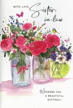 Celebrate a special sister-in-law with this beautiful birthday card from Simon Elvin. Featuring a stunning watercolour design, the card showcases vibrant pink and red flowers arranged in charming glass jars, complemented by delicate butterflies and a sweet little bird. The heartfelt message "WITH LOVE, Sister-in-law, WISHING YOU A BEAUTIFUL BIRTHDAY" makes it perfect for her special day. This lovely card is sure to bring a smile to any sister-in-law's face. Available in a convenient pack size of 1x6, ensuring your shelves are stocked with this popular design.
