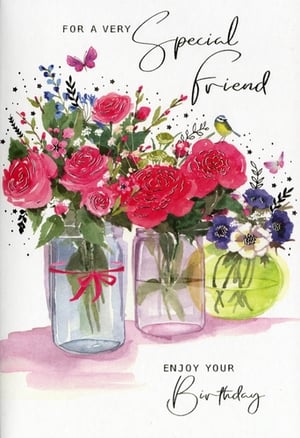 Celebrate a special friend's birthday with this charming card from Simon Elvin. This delightful design features a vibrant watercolour illustration of beautiful pink and red roses, complemented by delicate blue and purple blooms, all artfully arranged in rustic jars and vases. Adorned with fluttering butterflies and a sweet little bird, the card conveys a warm, natural feel. The heartfelt message, 'FOR A VERY Special Friend, ENJOY YOUR Birthday,' makes it perfect for conveying your best wishes. This 'Friend Female' card is supplied in a convenient pack of 6, ideal for retailers looking to offer a thoughtful and artistic option for their customers. A truly lovely choice for any special friend.