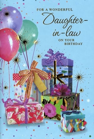 Celebrate a special Daughter-in-law's birthday with this wonderfully vibrant card from Simon Elvin. Featuring a delightful array of colourful balloons and beautifully wrapped presents, all set against a cheerful blue background with playful confetti, this card is designed to bring a smile.
The elegant script wishes "FOR A WONDERFUL Daughter-in-law ON YOUR BIRTHDAY", making it the perfect choice to convey heartfelt wishes. Stock up on this popular design, available in a convenient pack of 6, ensuring you always have the ideal card for this important occasion.