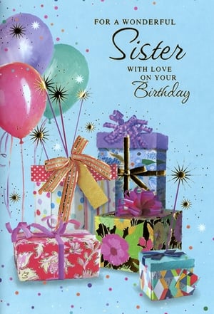 Celebrate your sister's special day with this beautiful birthday card from Simon Elvin. Featuring a vibrant display of colourful balloons and a delightful stack of exquisitely wrapped gifts, this design truly captures the spirit of celebration. The elegant script wishes 'FOR A WONDERFUL Sister WITH LOVE ON YOUR Birthday', conveying heartfelt affection. Set against a cheerful blue background adorned with playful confetti, it's a truly eye-catching card. Perfect for expressing your love and appreciation to a wonderful sister. This charming card is available in a convenient pack of 1x6, making it easy for your customers to find the perfect greeting for their beloved sibling. A lovely choice for any birthday.