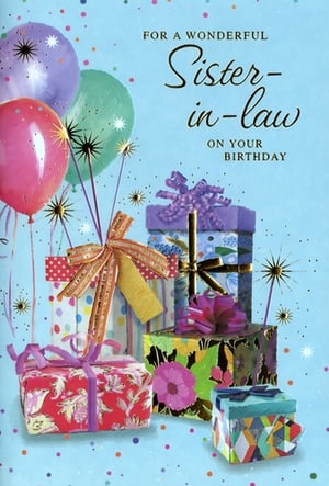 Make her birthday extra special with this charming Sister In Law card from Simon Elvin. Adorned with a lively display of colourful balloons and a delightful stack of beautifully wrapped presents, this card exudes celebration. The cheerful blue background is sprinkled with sparkling confetti, enhancing the festive mood. An elegant script proudly declares "FOR A WONDERFUL Sister-in-law ON YOUR BIRTHDAY," conveying a warm and thoughtful message. This card is an ideal choice for retailers looking to offer a heartfelt option for customers celebrating a cherished family member. Supplied in a practical pack size of 1x6, it’s ready to brighten up your card display.