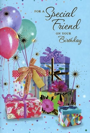 Celebrate special friendships with this delightful birthday card from Simon Elvin. Perfect for a cherished female friend, this vibrant design features a cheerful light blue background adorned with colourful confetti.

The card showcases an array of festive balloons in shades of purple, pink, and teal, alongside a charming collection of beautifully wrapped gift boxes, complete with bows and ribbons. Sparkling accents add an extra touch of joy to this celebratory scene.

With the heartfelt message 'FOR A Special Friend ON YOUR Birthday', this card is sure to bring a smile. Each pack contains 6 cards, making it an ideal choice for your retail offering.