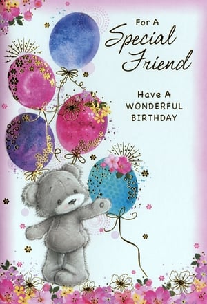 Delight your customers with this adorable 'Friend Female' birthday card from Simon Elvin. This charming design features a sweet grey teddy bear holding a vibrant cluster of balloons, making it perfect for celebrating a special friend. The beautifully illustrated balloons come in lovely shades of blue, pink, and purple, adorned with delicate floral patterns and sparkling accents.

The heartfelt message, 'For A Special Friend, Have A WONDERFUL BIRTHDAY', is presented in an elegant script, offering a truly warm and personal greeting. Finished with pretty floral borders, this card boasts a delightful design that's sure to bring a smile. Available in a convenient pack of 6, it's an ideal addition to your greeting card selection for those looking to send a sweet birthday wish.