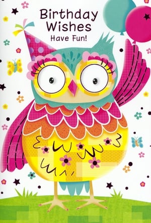 Make every birthday extra special with this delightful Open Birthday Female card from Simon Elvin. This charming design features a wonderfully vibrant owl, complete with a festive polka-dot party hat and cheerful balloons. Adorned in a kaleidoscope of pink, yellow, orange, and teal, the owl's expressive eyes and patterned feathers truly stand out.
The playful message "Birthday Wishes Have Fun!" is surrounded by whimsical details like tiny flowers, stars, and butterflies, all set against a fresh green grassy base. Each pack contains 6 of these eye-catching cards, making them a perfect choice for your retail display and sure to bring a smile to any female recipient.