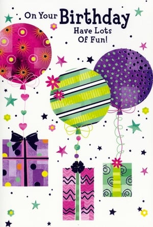 Celebrate her special day with this wonderfully vibrant 'Open Birthday Female' card from Simon Elvin. Bursting with cheerful colours, the eye-catching design features an array of festive balloons in pink, green, and purple, alongside beautifully wrapped gifts and playful stars. The joyful message, 'On Your Birthday Have Lots Of Fun!', perfectly captures the celebratory spirit. This delightful card is ideal for any female recipient, offering a bright and fun way to send your warmest wishes. Available in a convenient pack of 6, it's a must-have for your greeting card selection.